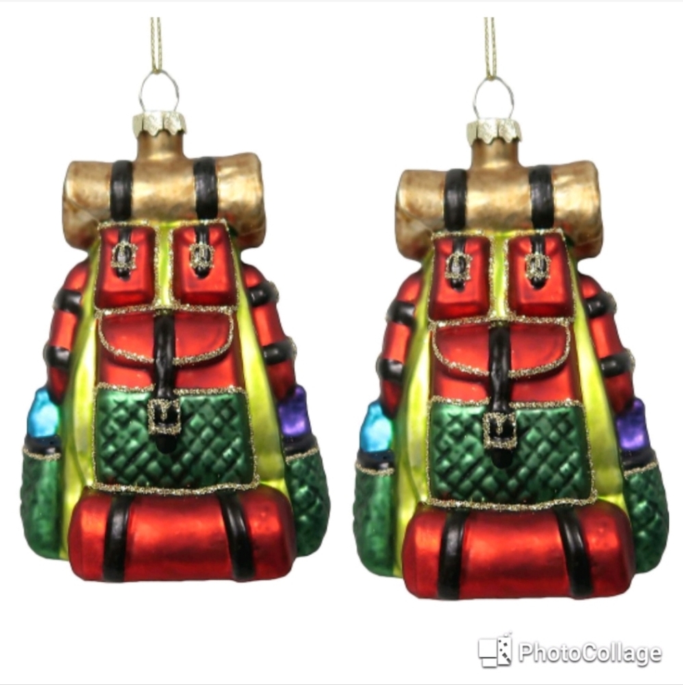 🏕🥾 2 Glass Camping Backpack Christmas Ornaments 🥾🏕